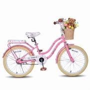 Dolonm 20 Kids Bike for Ages 7-10, Lightweight High-Carbon Steel Frame Cruiser Bike, Girls Bicycle with Wicker Basket & Rear Seat,  No Training Wheels, Pink