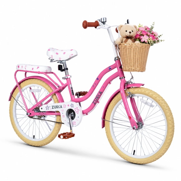 Dolonm 20" Kids Bike for Ages 7-10, Lightweight High-Carbon Steel Frame Cruiser Bicycle, Girls Bike with Wicker Basket, Rear Seat Rack, No Training Wheels, Pink