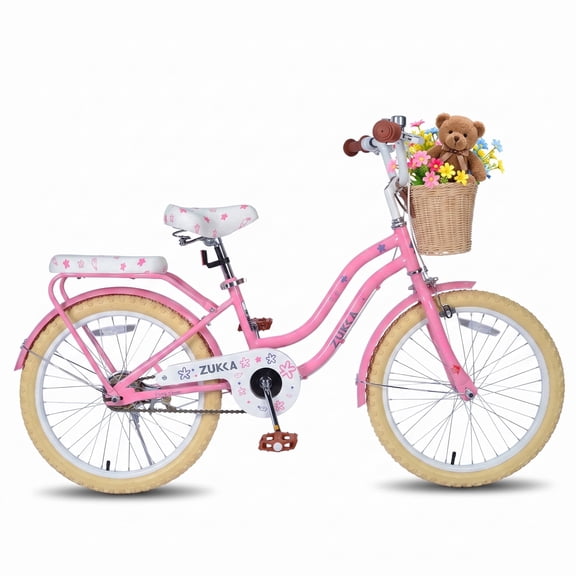 Dolonm 20" Kids Bike for Ages 7-10, Lightweight High-Carbon Steel Frame Cruiser Bike, Girls Bicycle with Wicker Basket & Rear Seat, No Training Wheels, Pink
