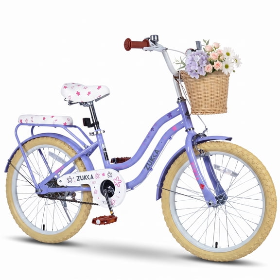 Dolonm 20" Kids Bike for Ages 7-10, Lightweight High-Carbon Steel Frame Cruiser Bike, Girls Bicycle with Wicker Basket & Rear Seat, No Training Wheels, Purple