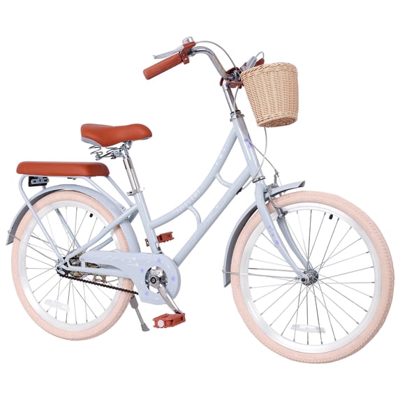Dolonm 22" Cruiser Bike for Kids, Girls Bike Lightweight High-Carbon Steel Frame City Bike with Basket & Rear Rack, Comfortable Commuter Bicycle for Age 8+, Blue