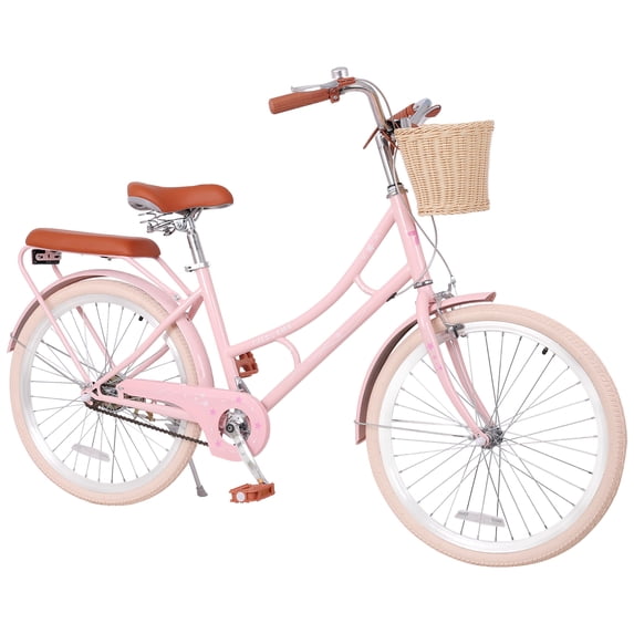 Dolonm 24" Cruiser Bike for Women, Girls Bike Lightweight High-Carbon Steel Frame City Bike with Basket & Rear Rack, Comfortable Commuter Bicycle for Age 10+, Pink