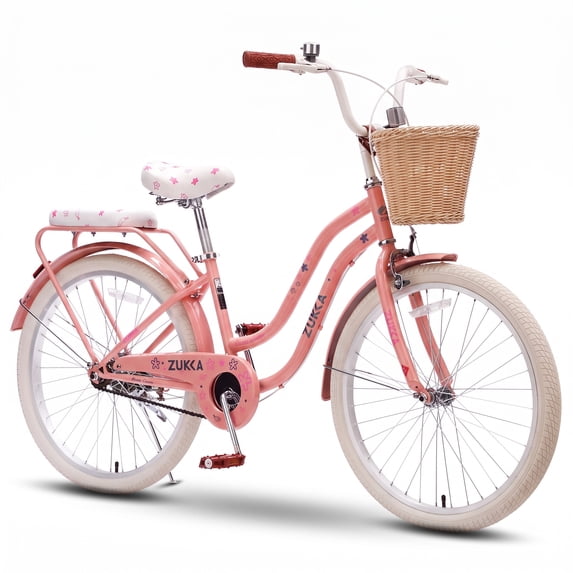 Dolonm 24" Girls Bike for Ages 10+, Lightweight High-Carbon Steel Frame Cruiser Bike for Women, Commuter Bicycle with Wicker Basket & Rear Seat, Peach