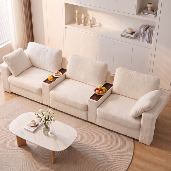 Dolonm 138" Oversized Down-Filled Modular Sectional Sofa, 3-Seater L-Shaped Cloud Couch Sofa with 2 Built-in Side Tables for Living Room, White