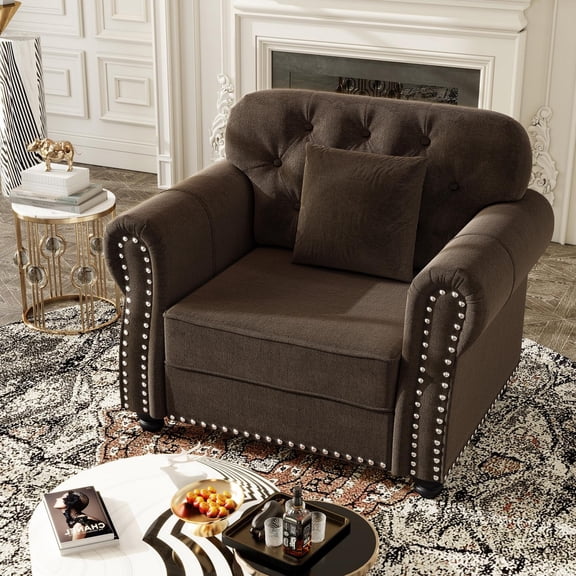Dolonm 41.3" Velvet Chesterfield Sofa, Modern Luxury Single Sofa, Rolled Arms Couch with Pillows, Button Tufted, Brown