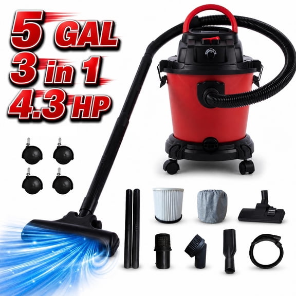 Dolonm 5 Gallon Wet Dry Vacuum Cleaner, 4.3 Peak HP 3 in 1 Plastic Shop Vacuum with Blowing Function to Clean Floor, Upholstery, Gap & Car, Red