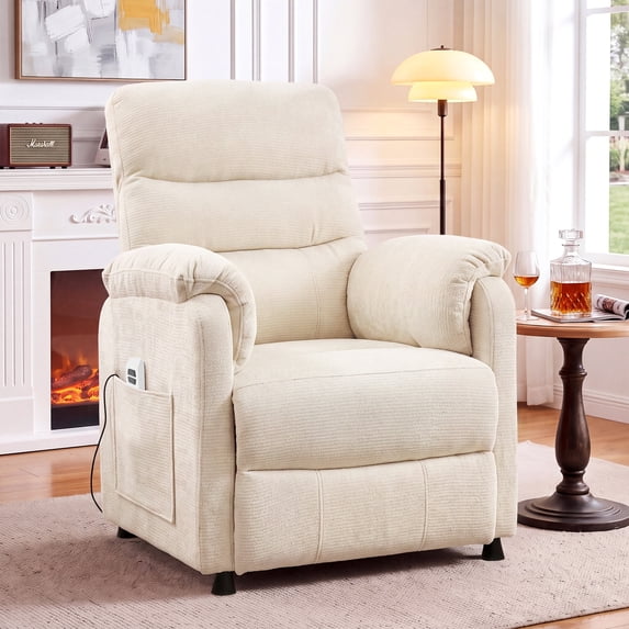 Dolonm Electric Power Recliner Chair with Side Pocket & Remote, Modern Chenille Nursery Recliner Chair for Living Room, White
