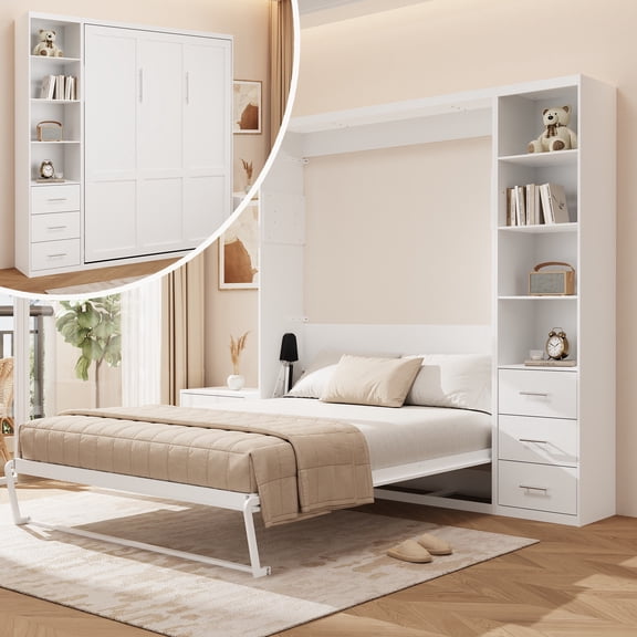 Queen Murphy Wall Bed with Storage Cabinet Feature 3 Drawers & 4 Shelves, Dolonm Modern Space-Saving Hidden Bed with Gas Struts for Bedroom, White
