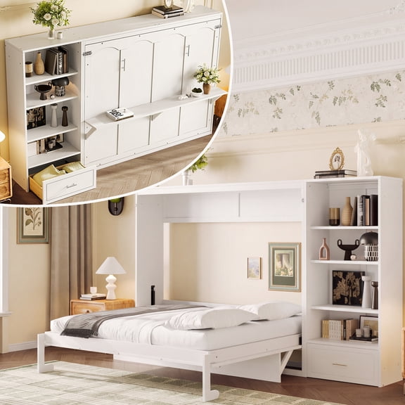 Dolonm Queen Size Murphy Bed with Storage Compartments and Drawer, Foldable Platform Wall Bed Frame with Adjustable Shelves for Bedroom, White