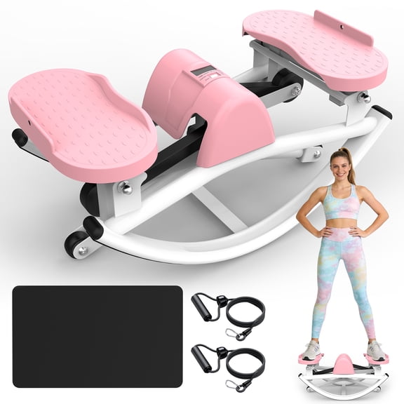 Dolonm Rocking Stair Stepper Side to Side for Home, Lateral Stepper with LCD Monitor, Anti-Slip Mat and Resistance Bands, Pink