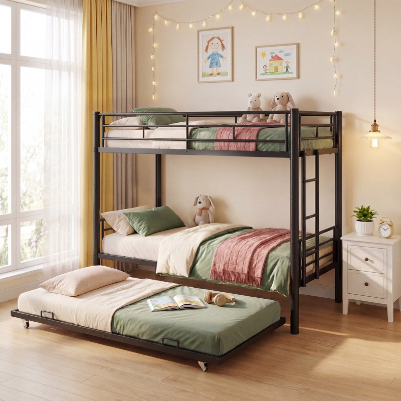 Dolonm Twin over Twin Bunk Bed with Trundle for Teens, Heavy Duty Metal Frame Triple Bunk Bed with Fixed Ladder and Guardrail, Easy Assembly, Black