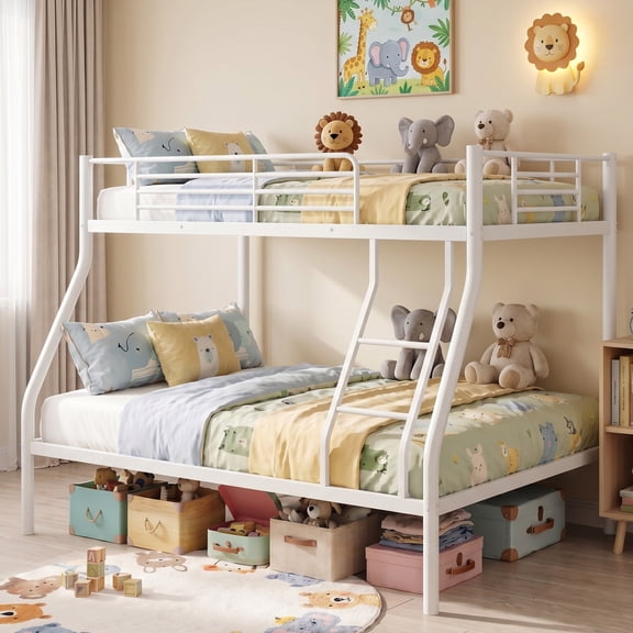 Dolonm Twin over Full Metal Bunk Bed for Teens, Heavy Duty Noise Free Bunk Bed Sturdy with Support Leg, Ladder and Guardrails for Bedroom, Easy Assembly, White