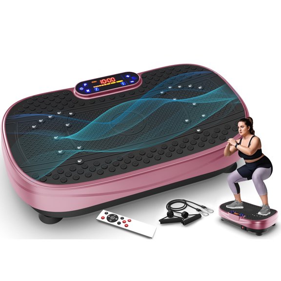 Dolonm Vibration Plate Exercise Machine with Resistance Bands, Full Body Workout Platform for Weight Loss, 200W Fitness Machine with Remote Control and Display, Rose Red