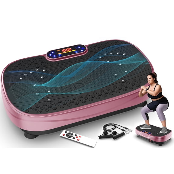 Dolonm Vibration Plate Exercise Machine for Home Gym, Whole Body Workout Platform with Resistance Bands, Remote Control, Display screen, Rose Red