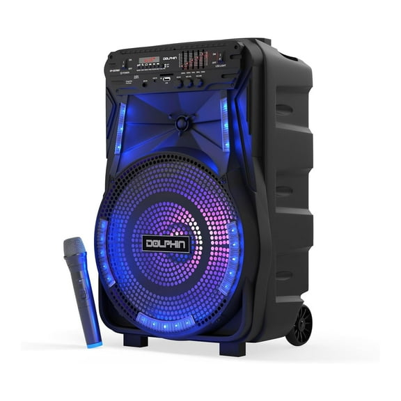 Dolphin 12-Inch Rechargeable Bluetooth Party Speaker  High Power Sound, TWS Compatibility, LED Lights, 5-Band Equalizer, Portable Design with Trolley and Wheels