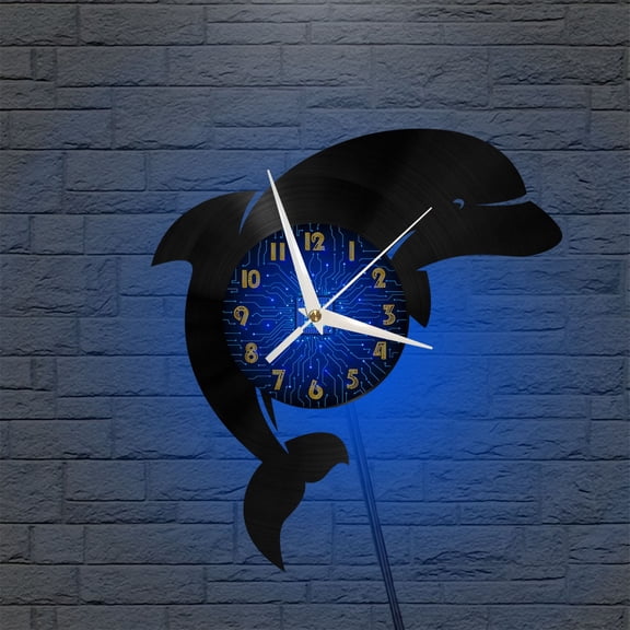 Dolphin 12 Inch Vinyl Record Wall Clock - Silent, Creative, and Unique Clock for Living Room, Entryway, or Bedroom Decor - Perfect Gift Idea(12 inchs B with LED)