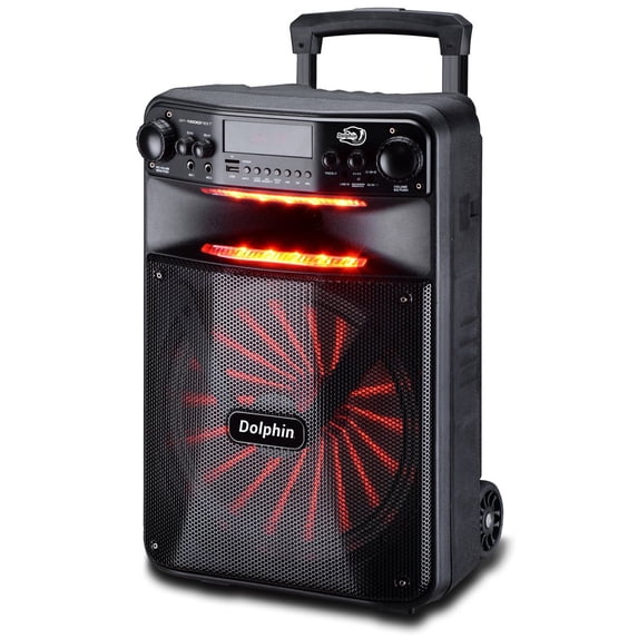 Dolphin SP-1200RBT Portable Party Bluetooh Speaker w/Remote Control and Sound Activated LED Light Show, 12", Long Lasting Battery