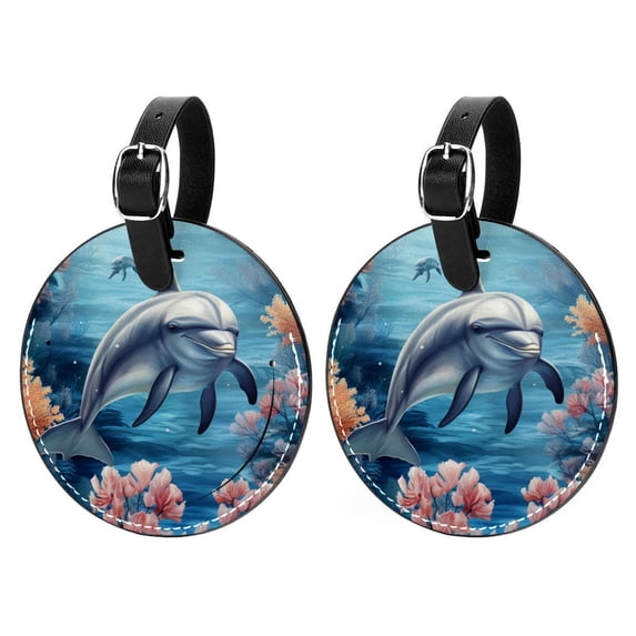 Dolphin 2pcs PU Leather Round Bag Tags Suitcase Handbag Tags with Privacy Cover and Name ID Tag for Travel Luggage, Handbags, Backpacks, School Bags