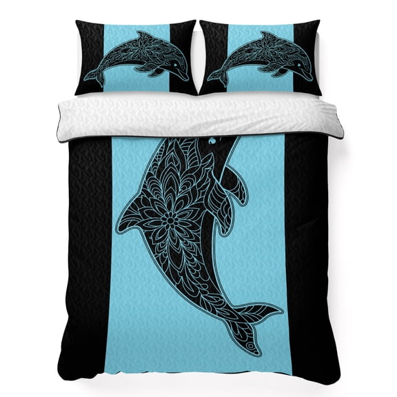 Dolphin 3 Piece Quilt Bedding Set with 2 Pillow Shams, Summer Beach Lightweight Bedspread Coverlet, Soft Breathable All Season Quilt, 96 x 106 Inch