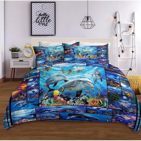 Dolphin 3pcs Full Comforter Set Soft Lightweight Microfiber Blue Ocean Animal