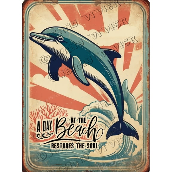 Dolphin A Day At the Beach Restores The Soul Vintage Aluminum Sign 12x8 IN Dolphin Decor Nautical Beach Decor