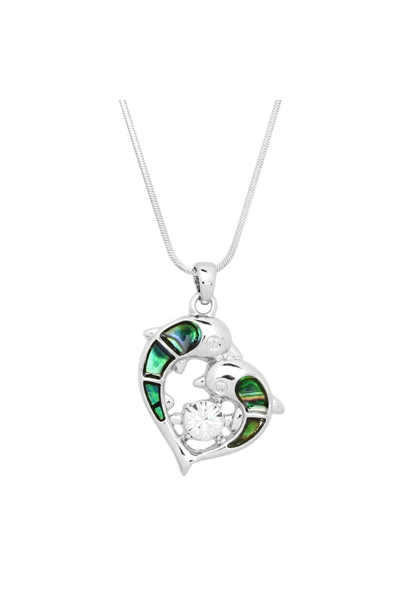 Dolphin Abalone Shell Pendant Necklace Rhodium Plated 17 Inch Snake Chain J0756