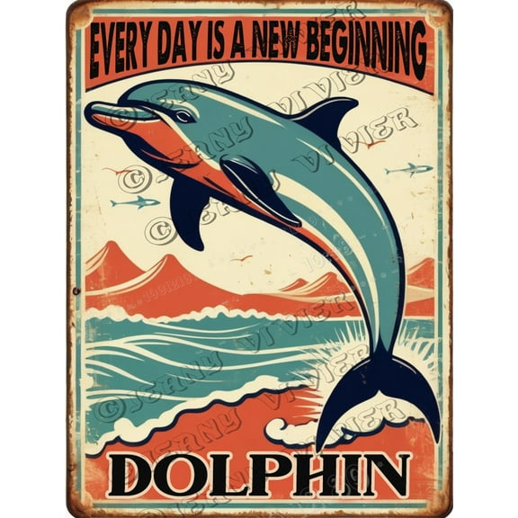 Dolphin Aluminum Sign 12x16 inches Metal Dolphin Wall Decor Beach Coastal Hanging Decorations Ocean Nautical Tropical Beach Themed Metal Wall Art for Home Bedroom Pool Fence Patio