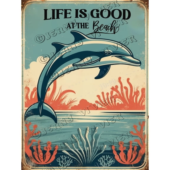 Dolphin Aluminum Sign 12x16 inches Vintage Metal Sign Dolphins Bathroom Decor Wall Art Beach Shell Themed Blue Ocean Animal Pictures Nautical Decor Artwork Life Inspirational Quotes