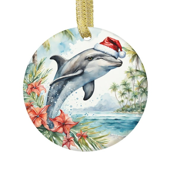 Dolphin Animal Dolphins Animal Lovers Glossy Flat Round Shaped Ceramic Christmas Ornament Xmas Holiday Tree Gift