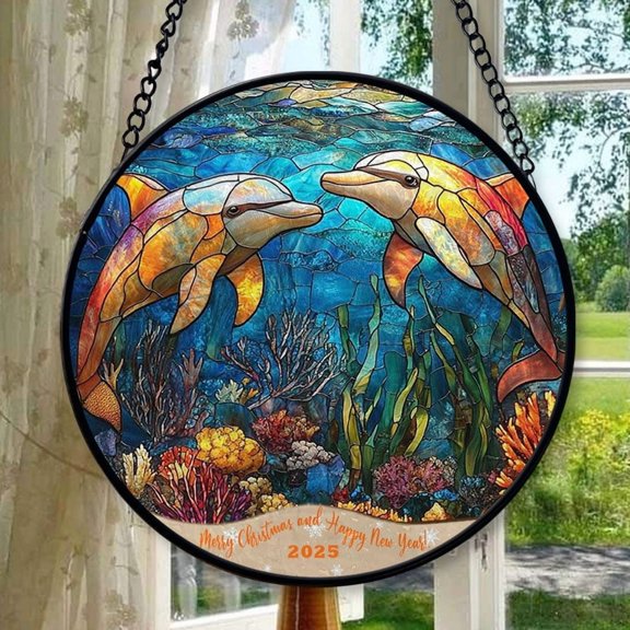 Dolphin Aquarium 3 Stained Glass Suncatcher Ornament, Holiday Tree Ornament, Gift for Mom, Love Day Home Decor, Festival Gift Ornament, Keepsake 2025
