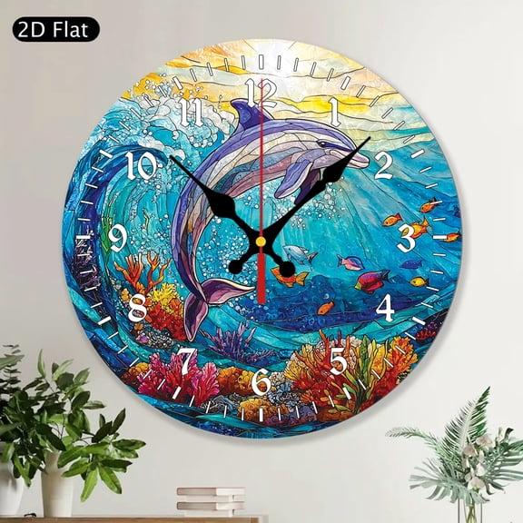 Dolphin Art Unique Wooden Round Wall Clock, Ocean Coastal Home Decor, Dolphin Lover Gifts, Mom Grandma Gifts