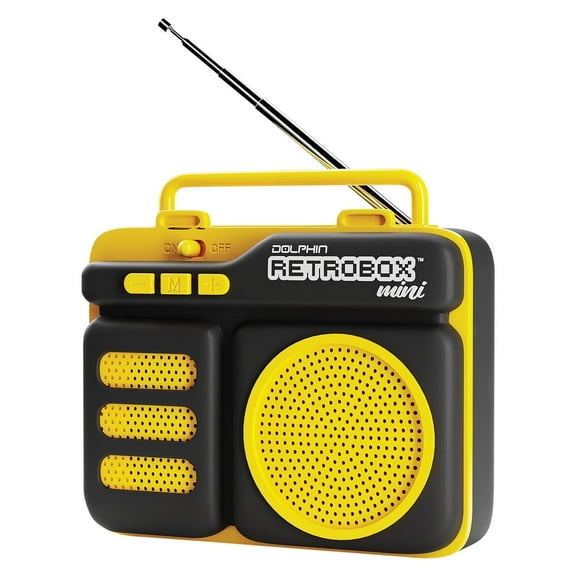 Dolphin Retrobox Mini for Jobsite, Small but Durable Bluetooth Speakers with FM, Rechargeable Music Device, up to 12 Hour Play Time, Yellow
