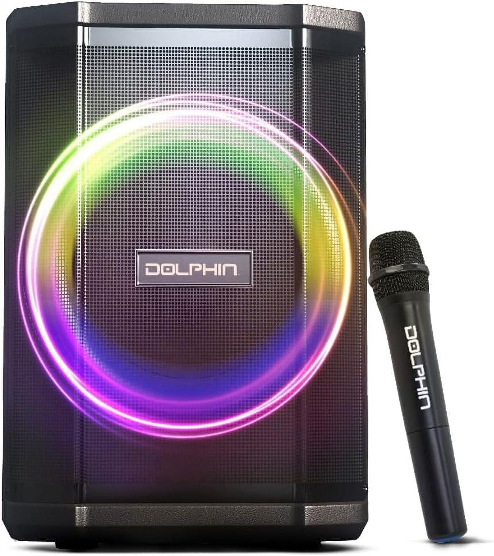 Dolphin Audio SP-880RBT Rechargeable 8-In. Portable Bluetooth Party Speaker with Tilt Function, LED Light Ring, Wireless Microphone, and Remote, SP-880RBT