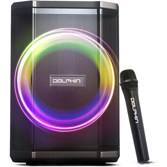 Dolphin Audio SP-880RBT Rechargeable 8-In. Portable Bluetooth Party Speaker with Tilt Function, LED Light Ring, Wireless Microphone, and Remote, SP-880RBT
