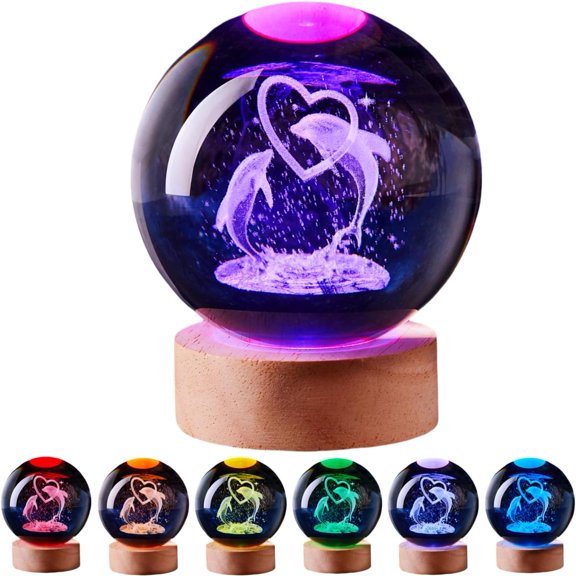 Dolphin Ball Lamp, 3.15 inch K9 Ball Night Light with Wooden Base Lamp for Room,Dolphin Light ,16 Colors Change with Remote Control (D)
