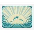 thumbnail image 1 of Dolphin Bath Mat, Nautical Inspirations in Dolphins with Rising Sun and Swirled Ocean Waves, Non-Slip Plush Mat Bathroom Kitchen Laundry Room Decor, 29.5 X 17.5 Inches, Teal Pale Yellow, Ambesonne, 1 of 2
