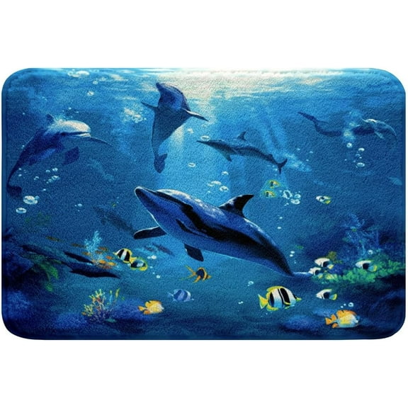 Dolphin Bath Mats for Bathroom Kids Blue Ocean Marine Themed Sea Creatures Bathroom Rugs Boys Girls Sea Animal Decor Bath Rugs for Shower Tub Microfiber Summer Holiday Bathroom Accessories 16"x24"