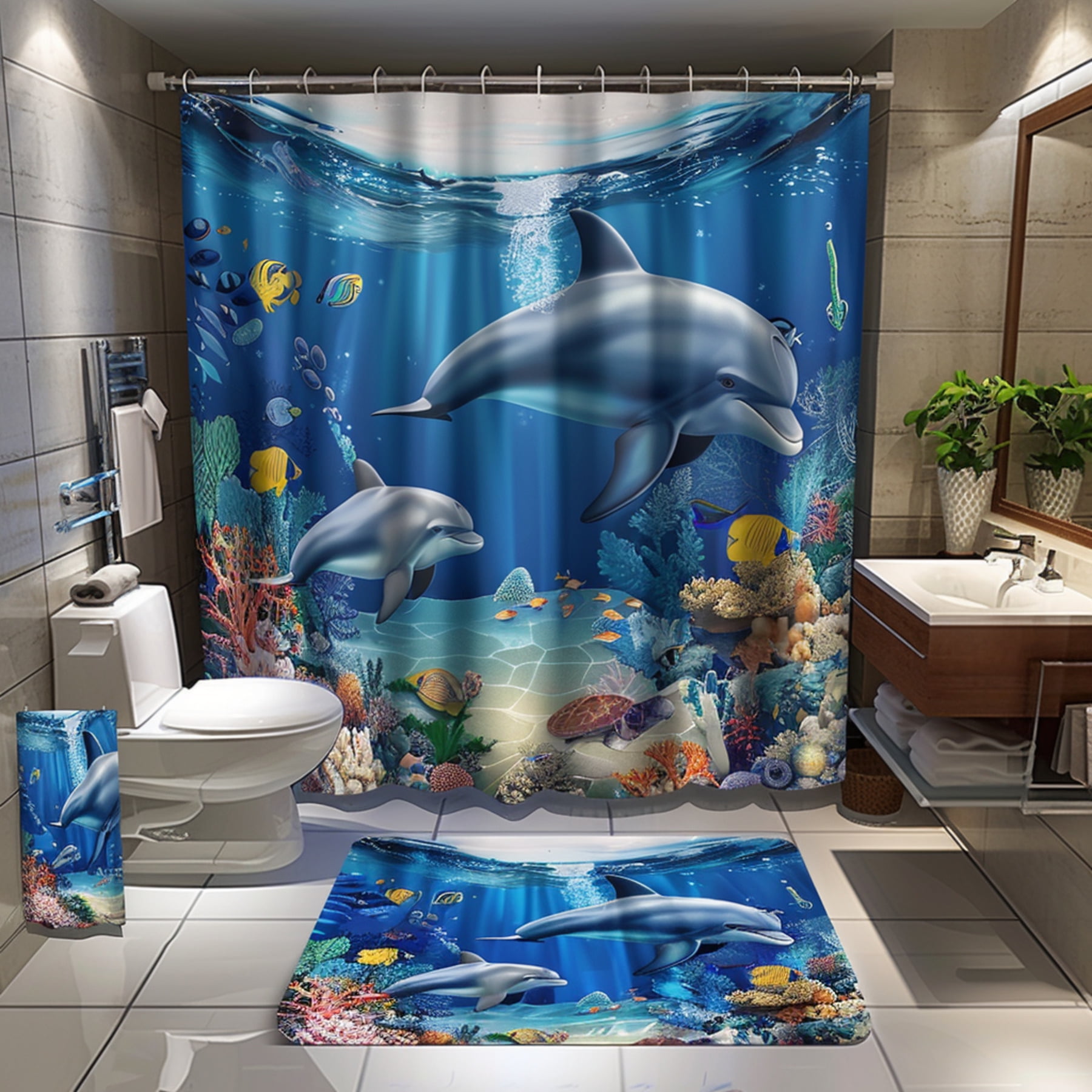 Dolphin Bathroom Set with Ocean Backgroundand Curtain Coral Reef Fish