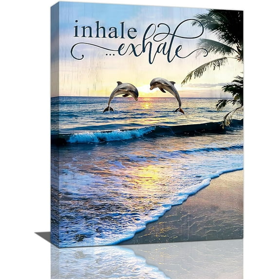 Dolphin Bathroom Wall Art Coastal Beach Ocean Pictures Wall Decor Inhale Exhale Bathroom Palm Canvas Prints Framed Modern Painting Artwork for Bedroom Living Room Office 12"x16"