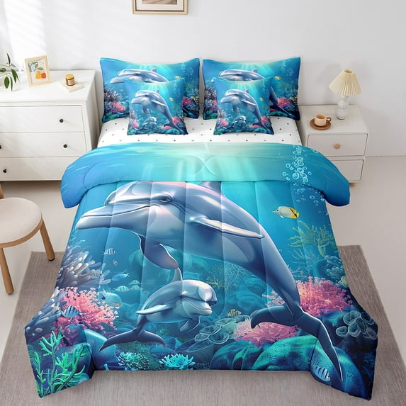 Dolphin Bed in a Bag Queen 7 Pieces - Queen Size Comforter Set,3D Ocean Fish Bedding Sets Hawaii Beach Coastal Creature Bed Set with Comforter,Sheets,Pillowcases & Shams