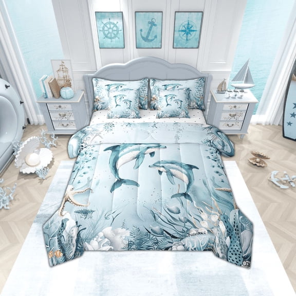 Dolphin Bed in a Bag Queen Comforter Set 7 Piece,Teal Blue Ocean Beach Coastal Bedding Set Starfish Octopus Tentacles Sheet Sets with Comforter Underwater Creature Coral Bed Set