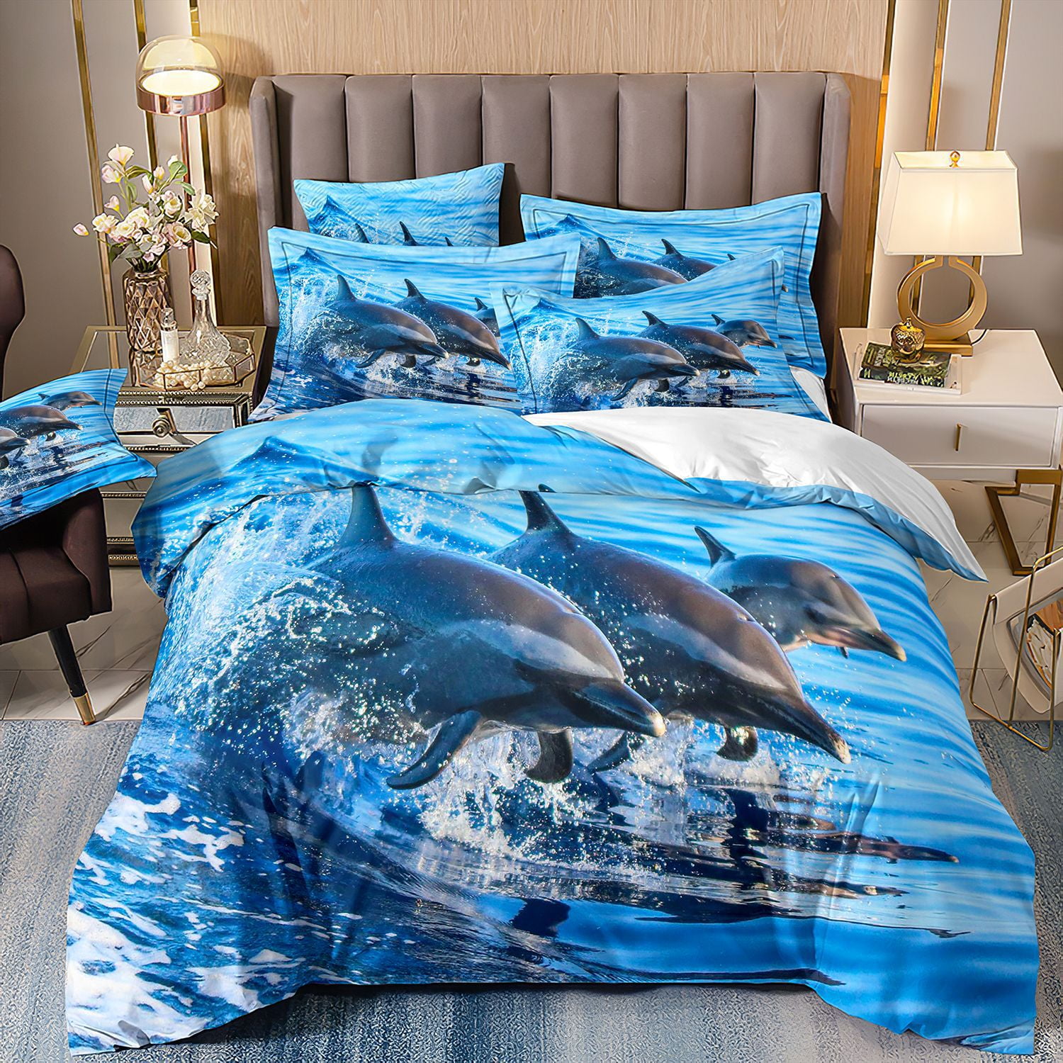 Dolphin Bedding Set Palm Tree Comforter Cover Set Twin Full Queen King