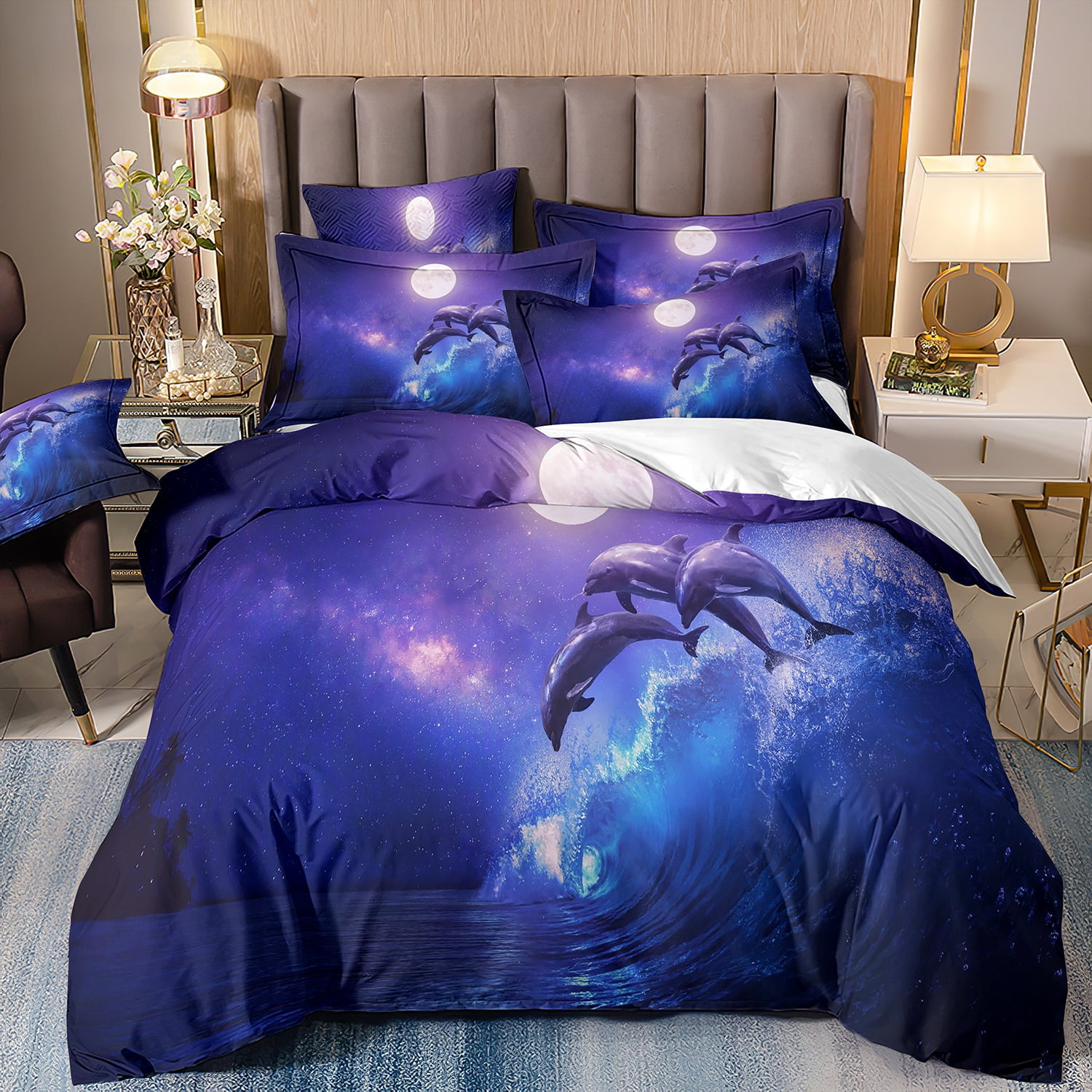 Dolphin Bedding Set Palm Tree Comforter Cover Set Twin Full Queen King