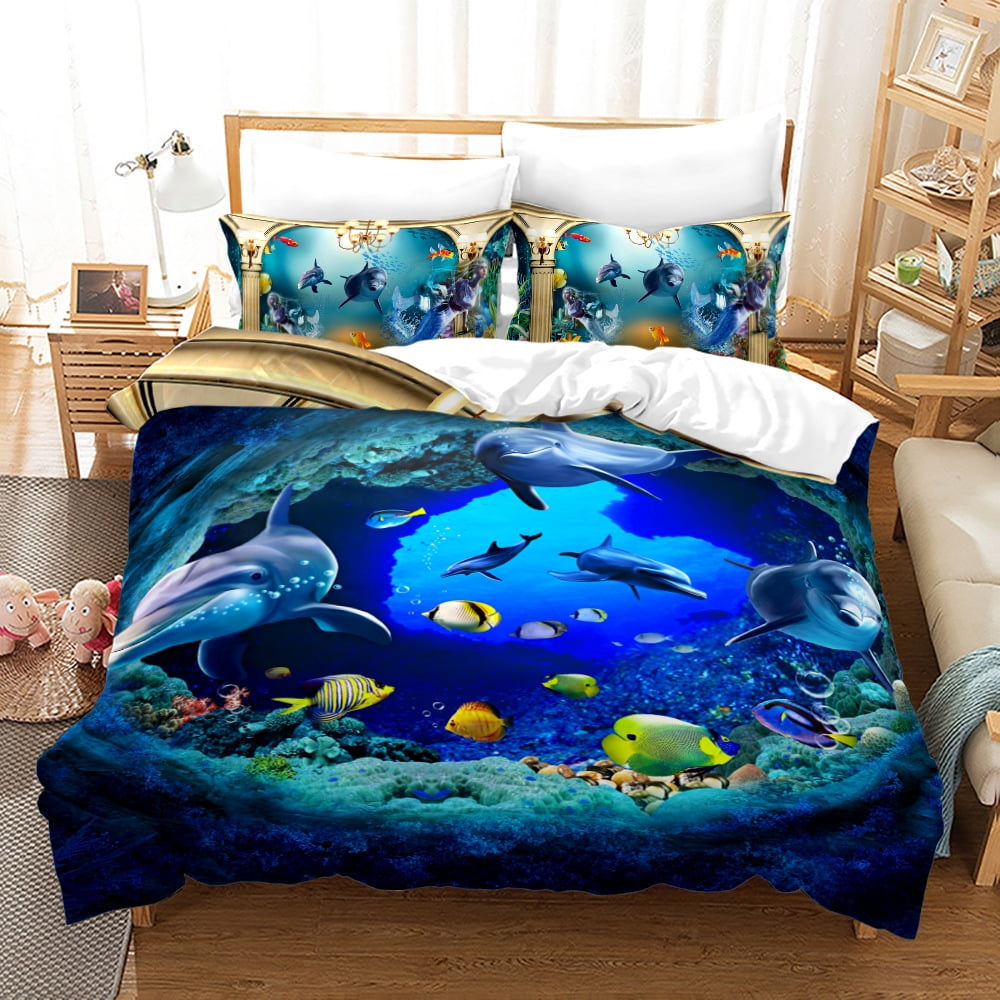 Dolphin Bedding Set Underwater World Duvet Cover for Adults Kids Boys Girls Hawaiian Ocean Comforter Cover Coral Deep Sea Fish Animals Quilt Cover Child Bedroom Decor 3Pcs 1 Duvet Cover 2 Pillowcases