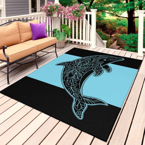 Dolphin Black Outdoor Rug for Patio/Deck/Porch, Non-Slip Large Area Rug 3 x 5 Ft, Nautical Mandalas Blue Boho Abstract Indoor Outdoor Rugs Washable Area Rugs, Reversible Camping Rug Carpet Runner