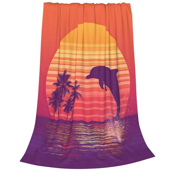 Dolphin Blanket, 80s Retro Synthwave Sunset Palm Tree Flannel Throw, Vintage Beach Soft Fleece For Gaming Lounge Decor 50x40