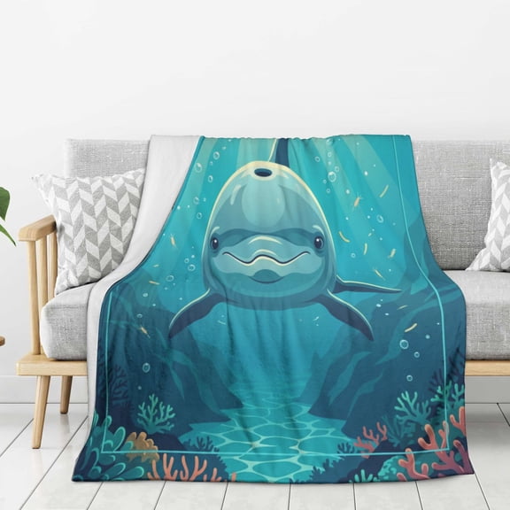 Dolphin Blanket Beautiful Undersea Scene Pattern Bedding Throw, Cozy Warm Winter Bedroom Theme 50x40