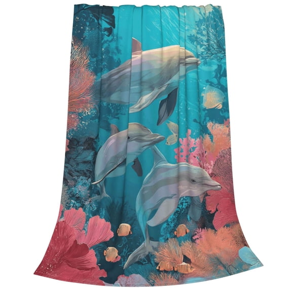 Dolphin Blanket, Colorful Coral Reef Tropical Ocean Flannel Throw, Marine Life Art Soft Fleece For Cozy Reading Chair Decor 60x50