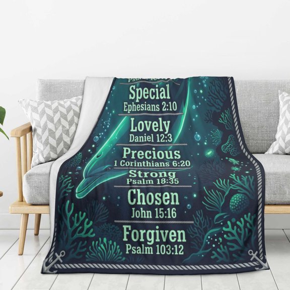 Dolphin Blanket Decorative Christian Scripture Ocean Pattern Throw, Cozy Winter Bedding Art 50x40