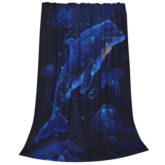 Dolphin Blanket, Glowing Blue Jellyfish Ocean Art Flannel Throw, Soft Fleece Blanket For Couch Sofa Bed 50x40